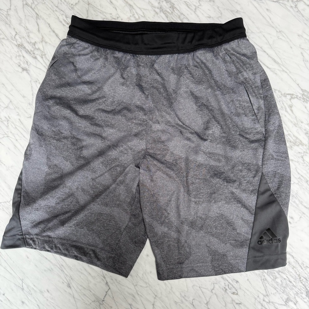 Adidas men’s athletic shorts, dark gray, zippered pockets, size medium